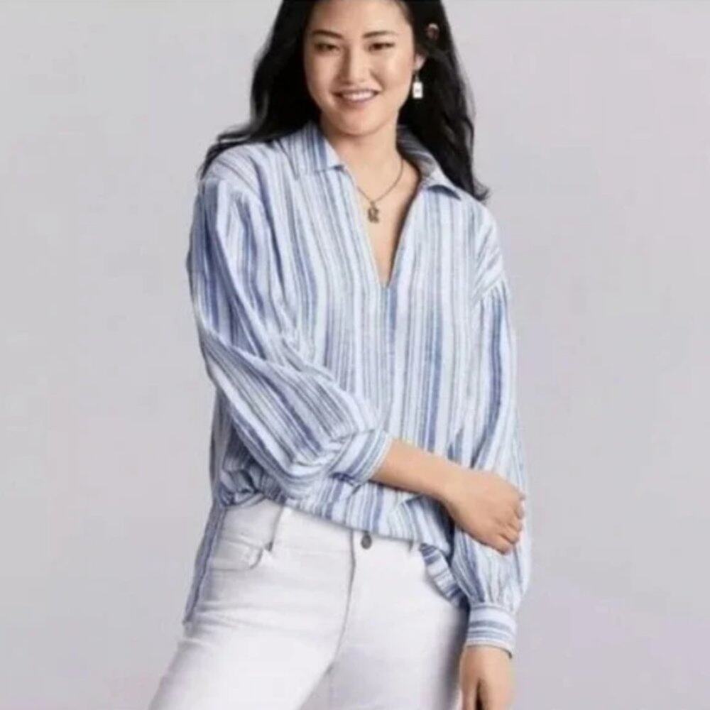 CAbi Pacific Blue Striped Linen Tunic Top Style 5894 Small Coastal Preppy